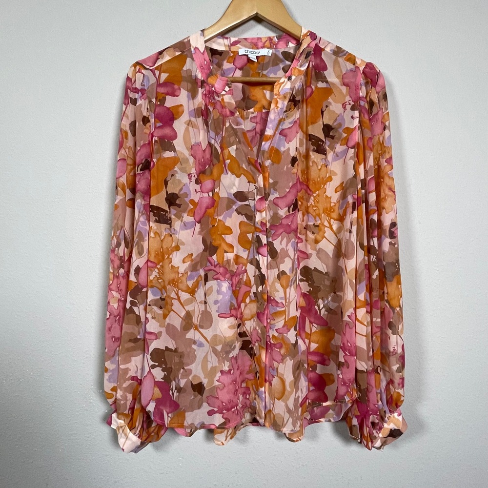 Chico's Floral Blouse Women 2/12 Pink Orange Sheer Balloon Sleeve Boho Top
